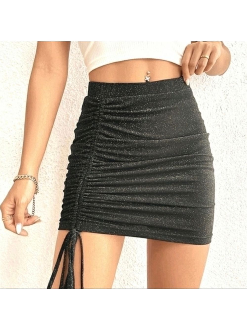 Shein Bodycon Mini Skirt Ruched Tie-Up Gothic Stretch Metallic Silver Black New